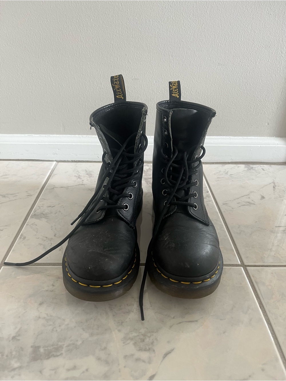 Dr. Martens Black Lace-Up Boots with Yellow Stitching Detail